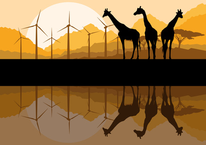 Wind electricity generators, windmills and giraffes in desert mountain landscape ecology illustration background vector